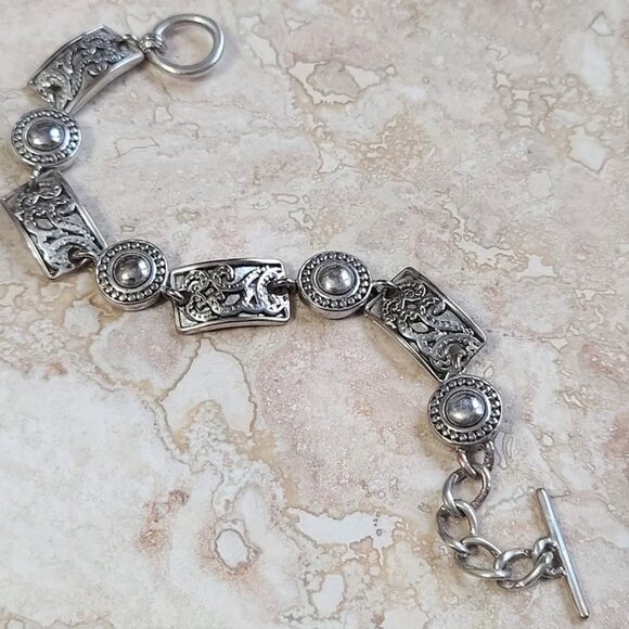 Sterling Silver panel link vintage bracelet Crown JS - Picture 3 of 4